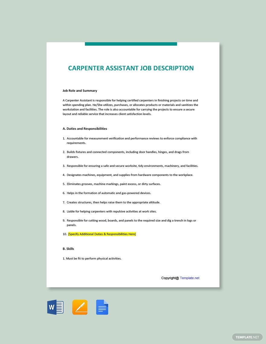 Carpenter Assistant Job Ad/Description Template