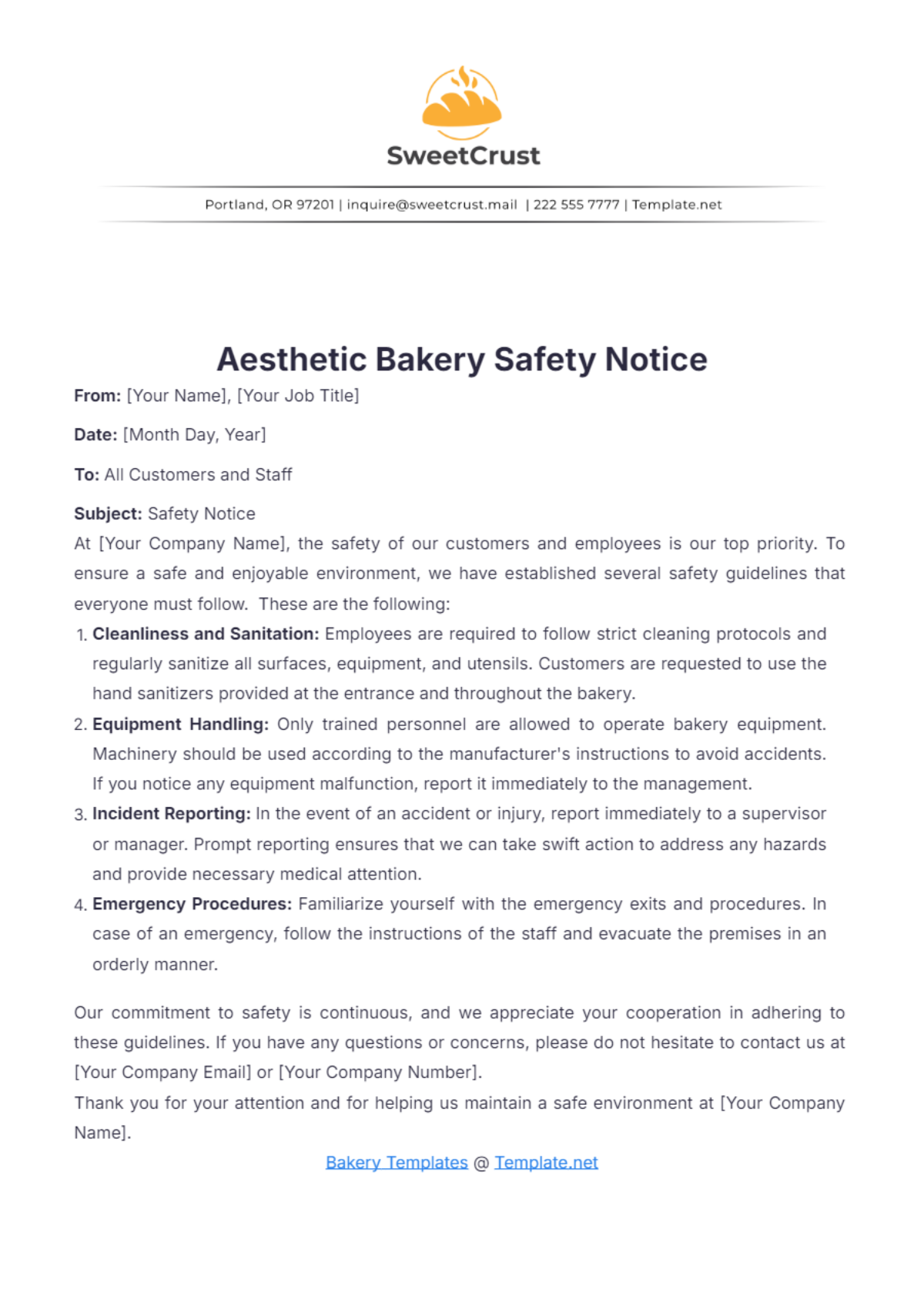 Free Aesthetic Bakery Safety Notice Template - Edit Online & Download ...