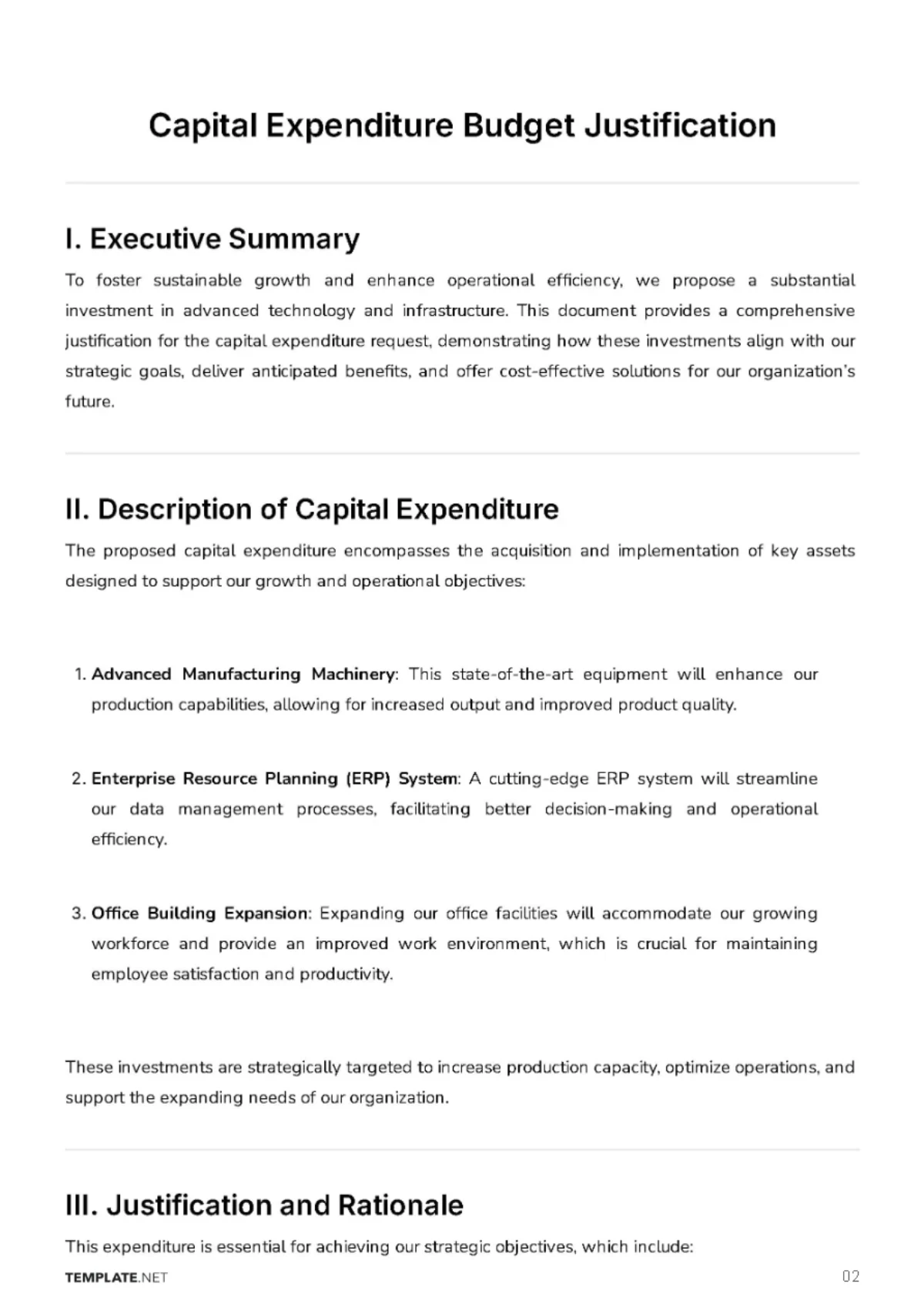 Free Capital Expenditure Budget Justification Template to Edit Online