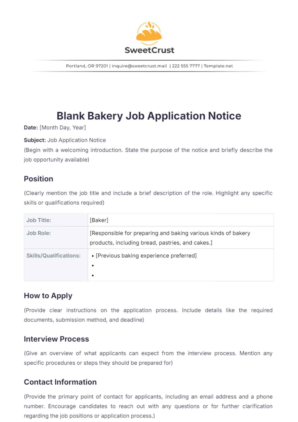 Blank Bakery Job Application Notice Template - Edit Online & Download