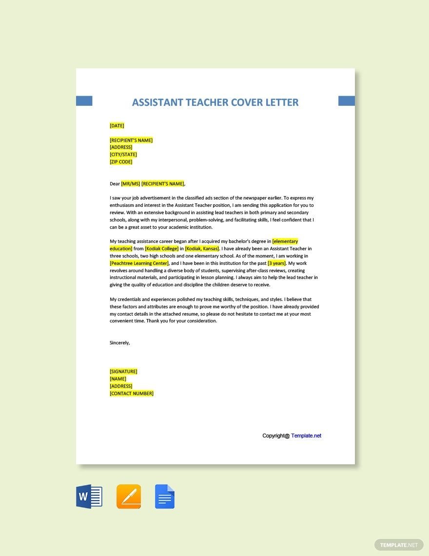 Assistant Teacher Cover Letter in Word, Google Docs, PDF, Apple Pages