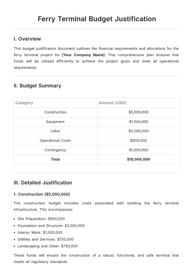 Free Ferry Terminal Budget Justification Template to Edit Online