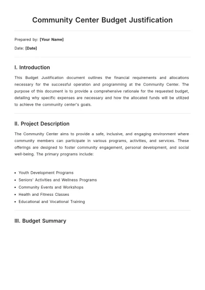 Free Community Center Budget Justification Template to Edit Online