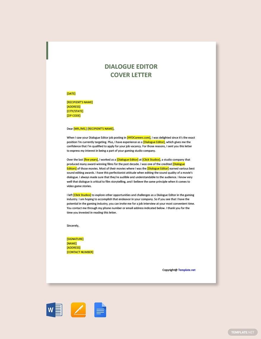 Dialogue Editor Cover Letter in Word, Google Docs, PDF, Apple Pages