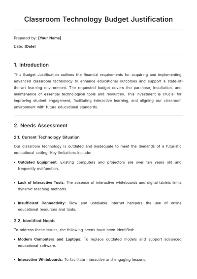 Free Classroom Technology Budget Justification Template to Edit Online