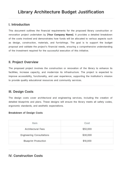 Free Library Architecture Budget Justification Template to Edit Online