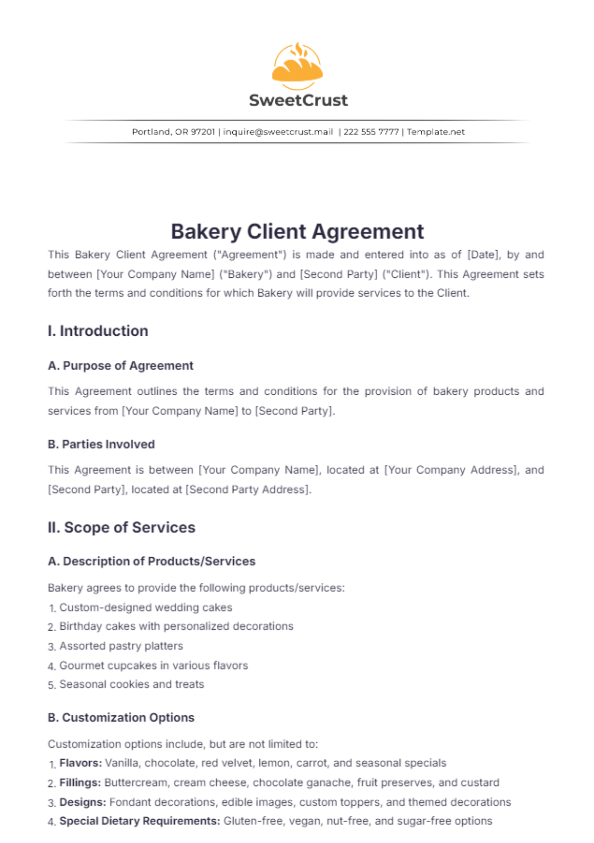 Bakery Client Agreement Template - Edit Online & Download