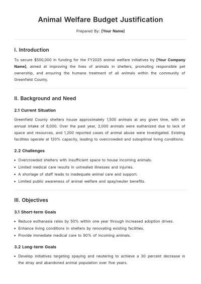 Free Animal Welfare Budget Justification Template to Edit Online