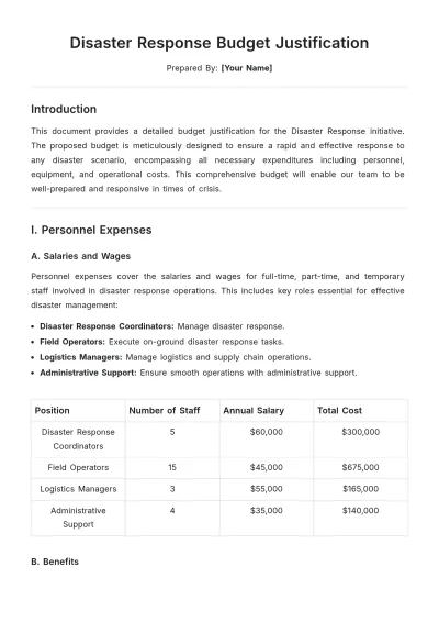 Free Disaster Response Budget Justification Template to Edit Online