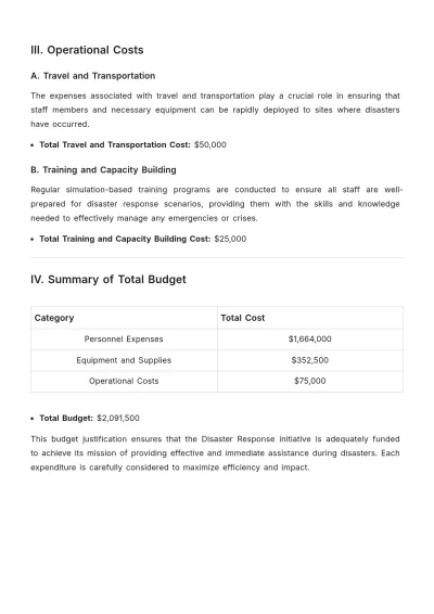 Free Disaster Response Budget Justification Template to Edit Online