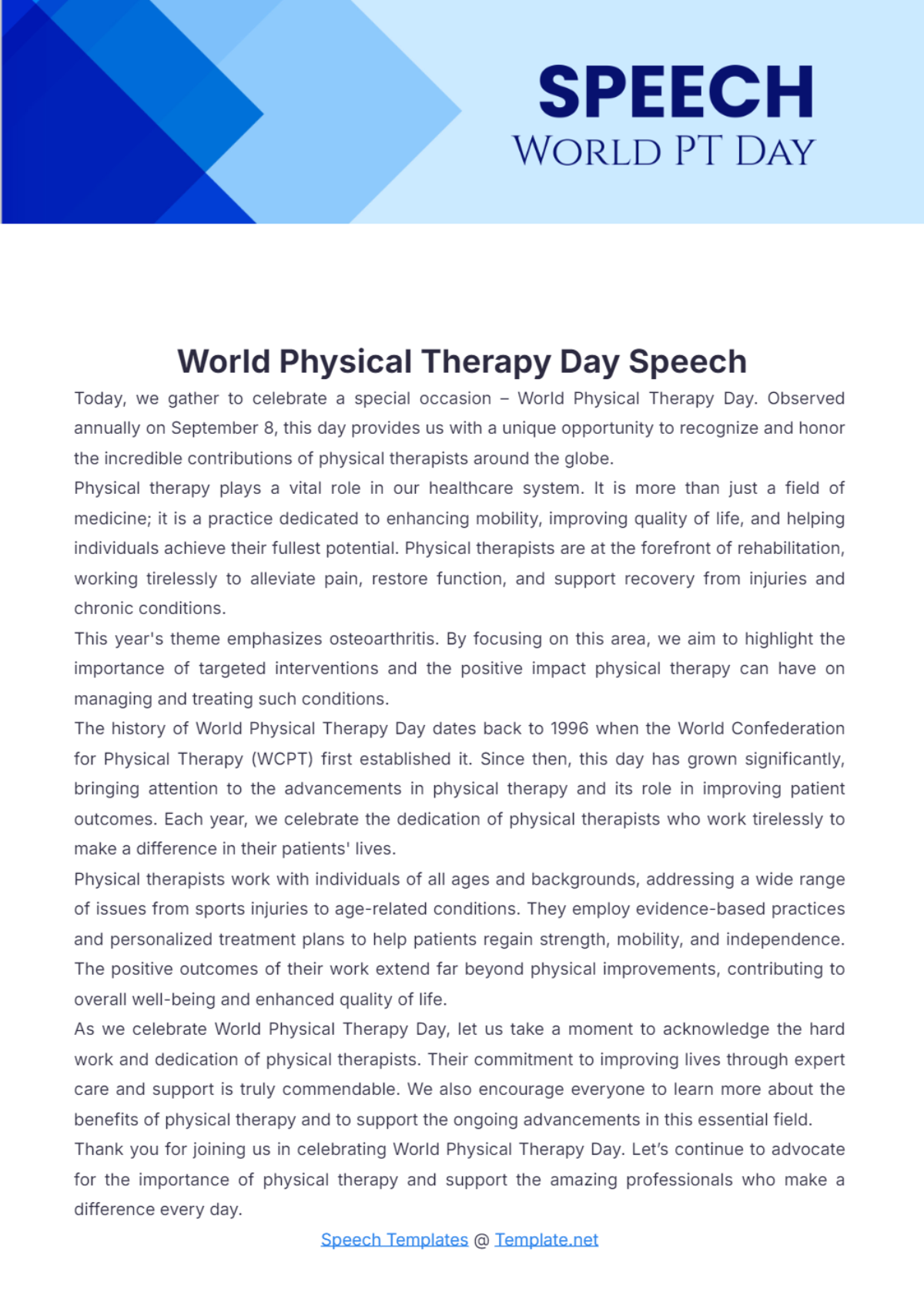 World Physical Therapy Day Speech Template - Edit Online & Download