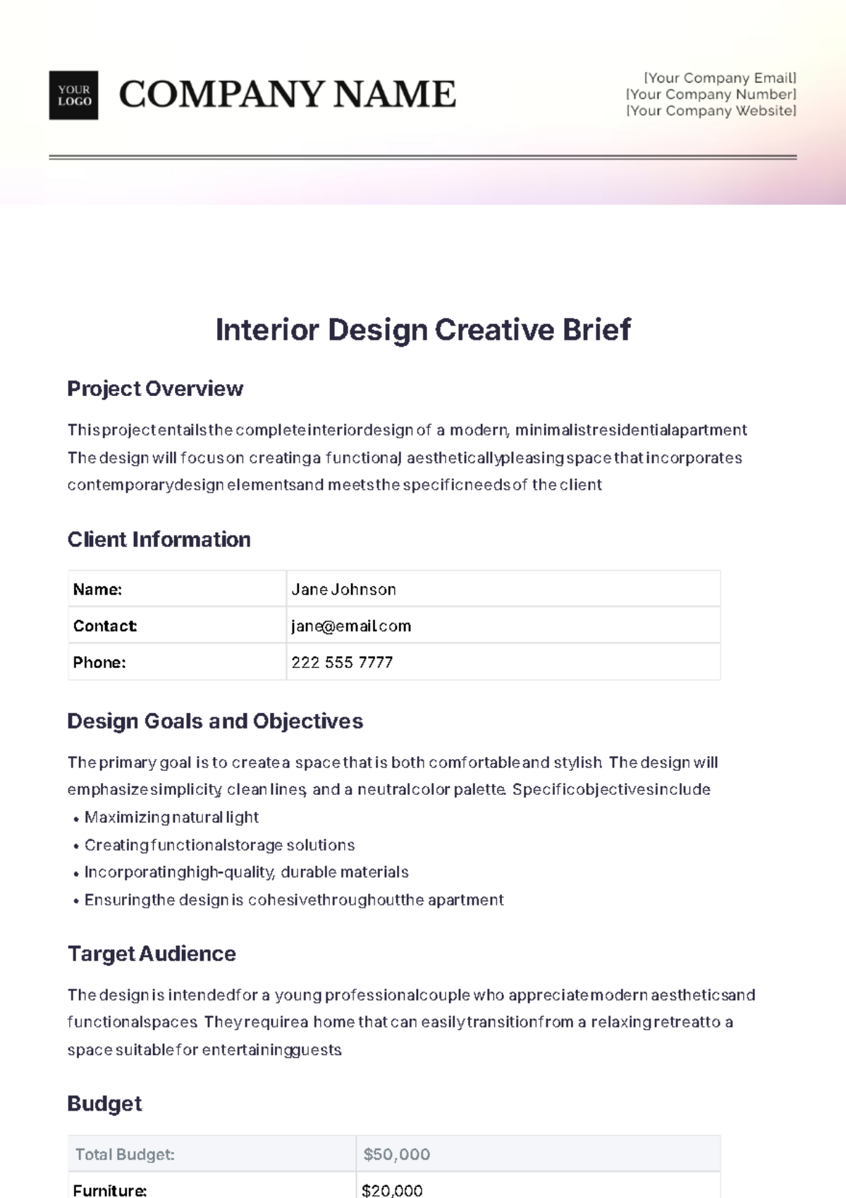 Interior Design Creative Brief Template - Edit Online & Download