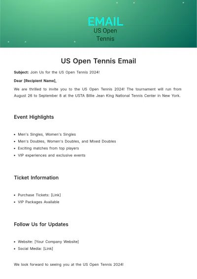 Free US Open Tennis Email Template to Edit Online
