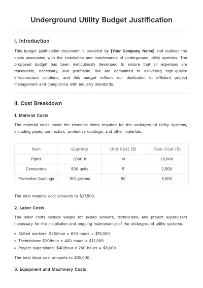Free Underground Utility Budget Justification Template to Edit Online