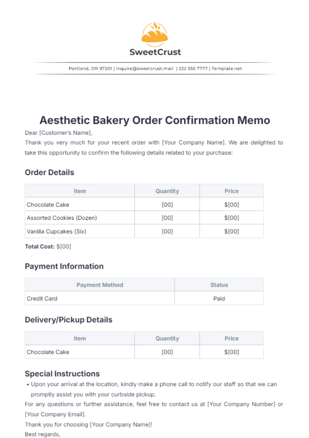 Aesthetic Bakery Order Confirmation Memo Template - Edit Online & Download