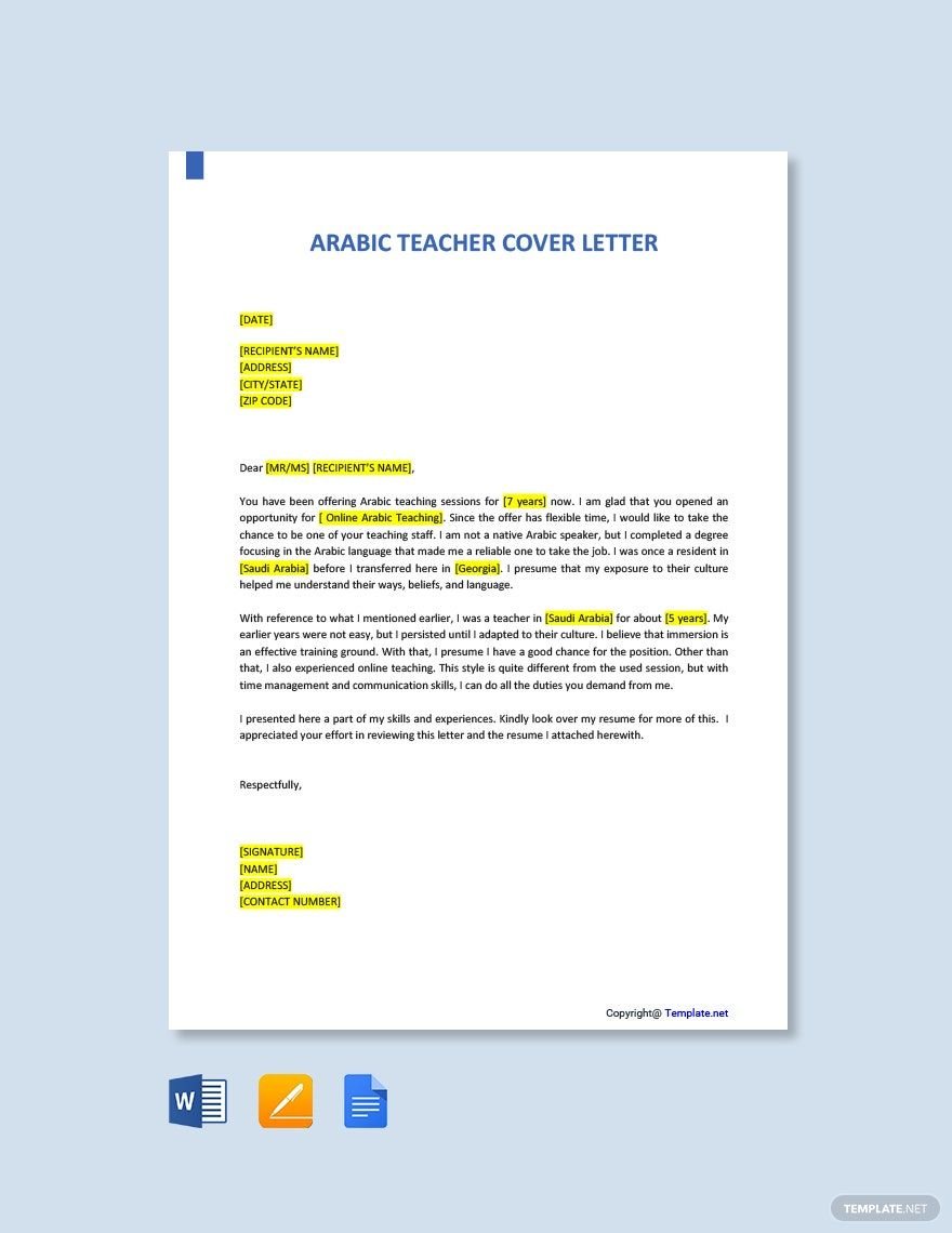 Arabic Teacher Cover Letter Template