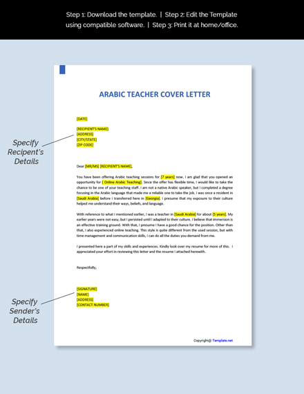 Arabic Teacher Cover Letter Template - Google Docs, Word, Apple Pages ...