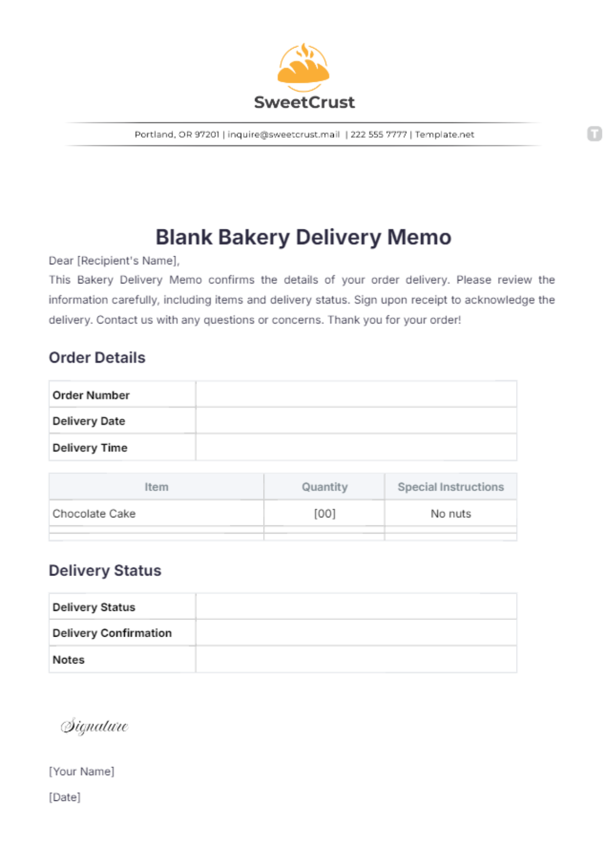 Blank Bakery Delivery Memo Template - Edit Online & Download