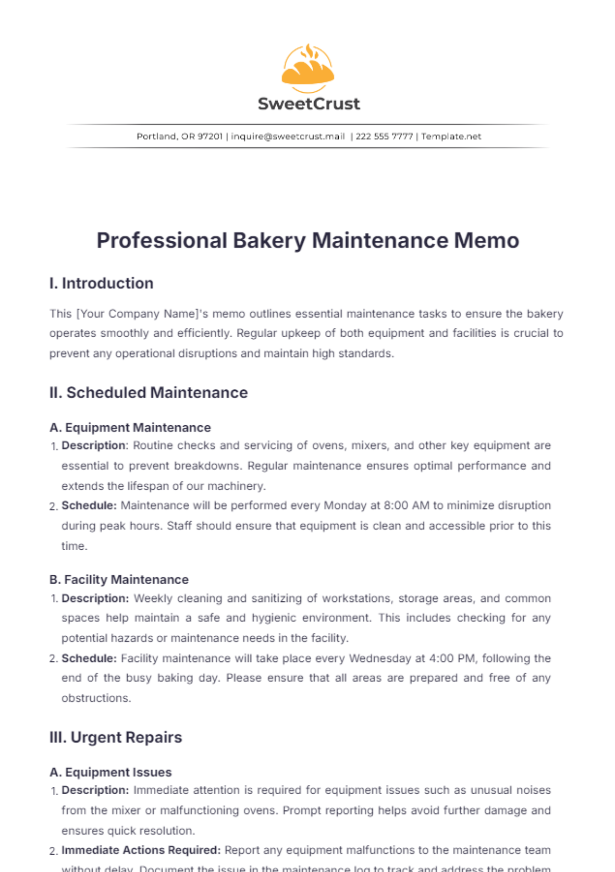 Professional Bakery Maintenance Memo Template - Edit Online & Download