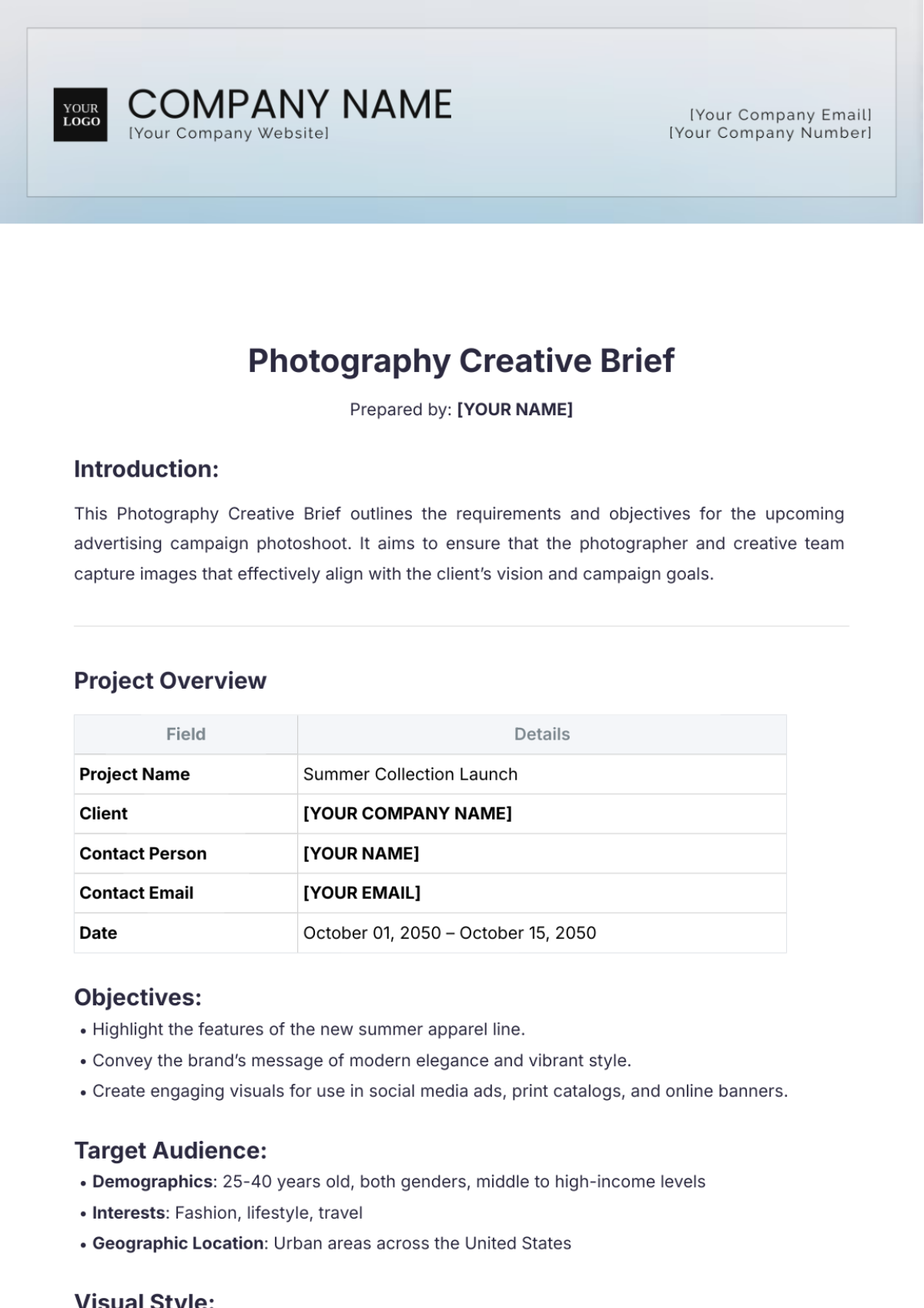 Photography Creative Brief Template - Edit Online & Download