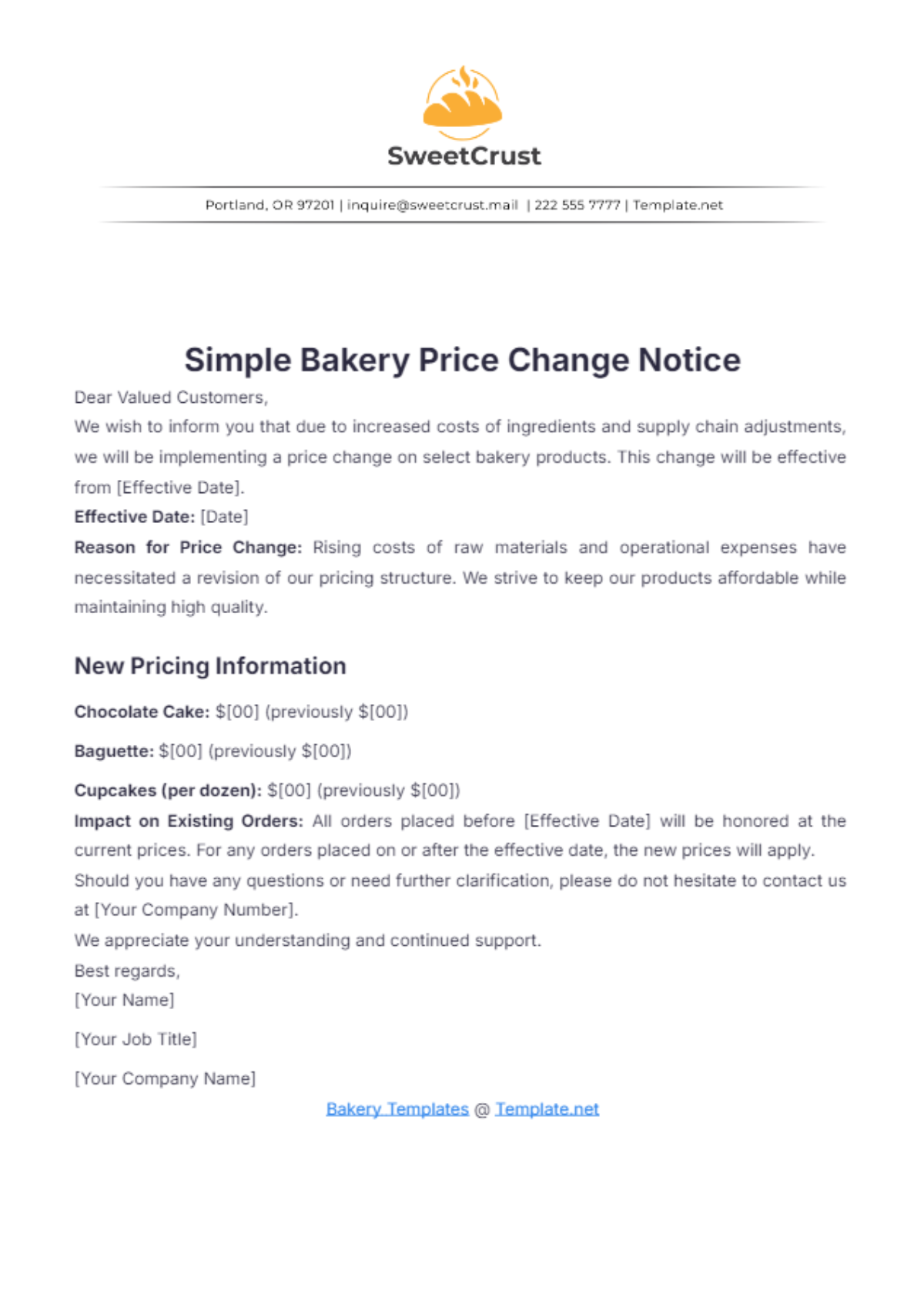 Free Simple Bakery Price Change Notice Template to Edit Online