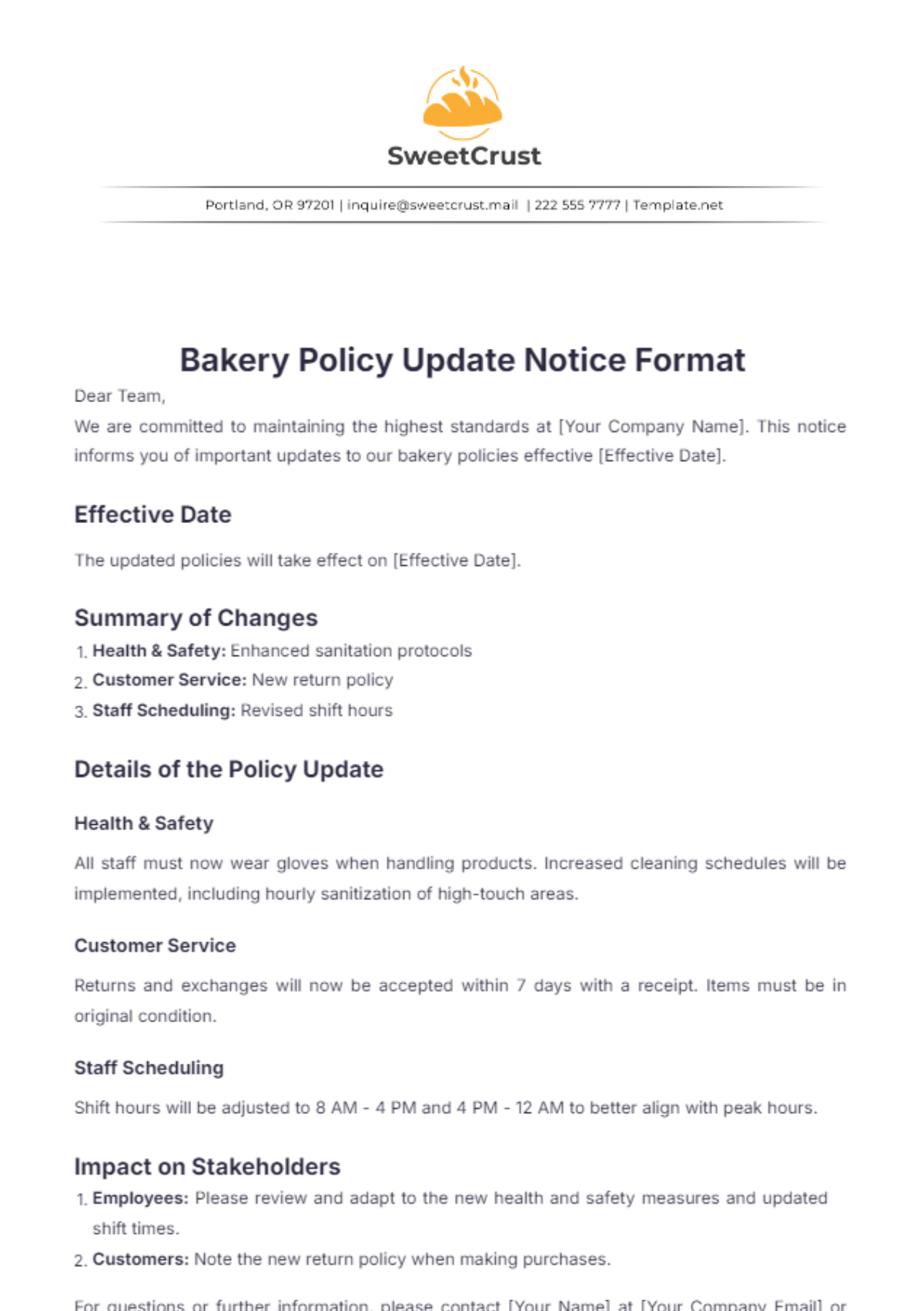 Bakery Policy Update Notice Format Template - Edit Online & Download