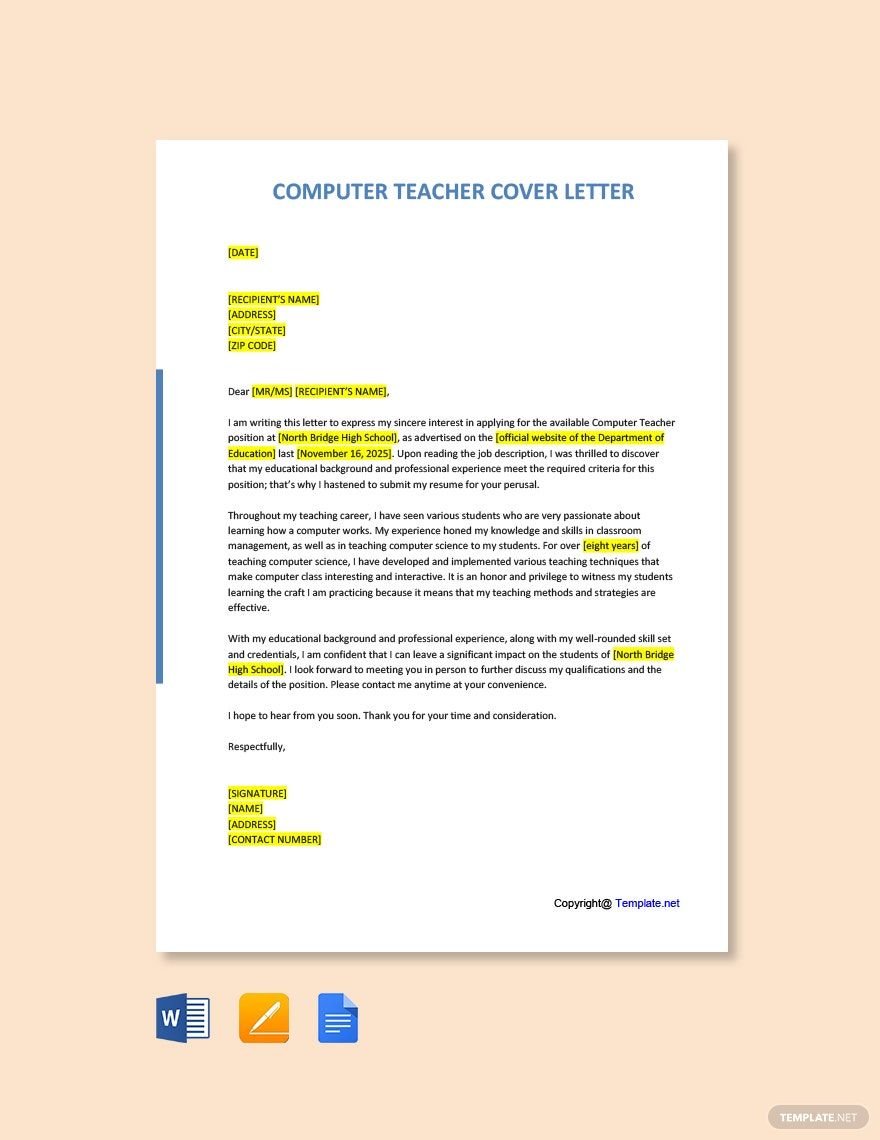 Computer Teacher Cover Letter Template