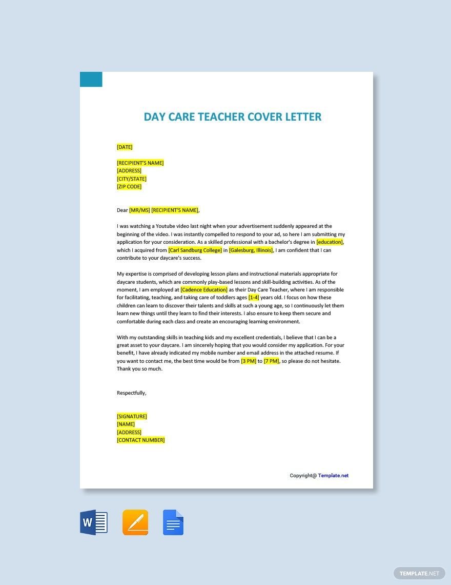 Day Care Teacher Cover Letter