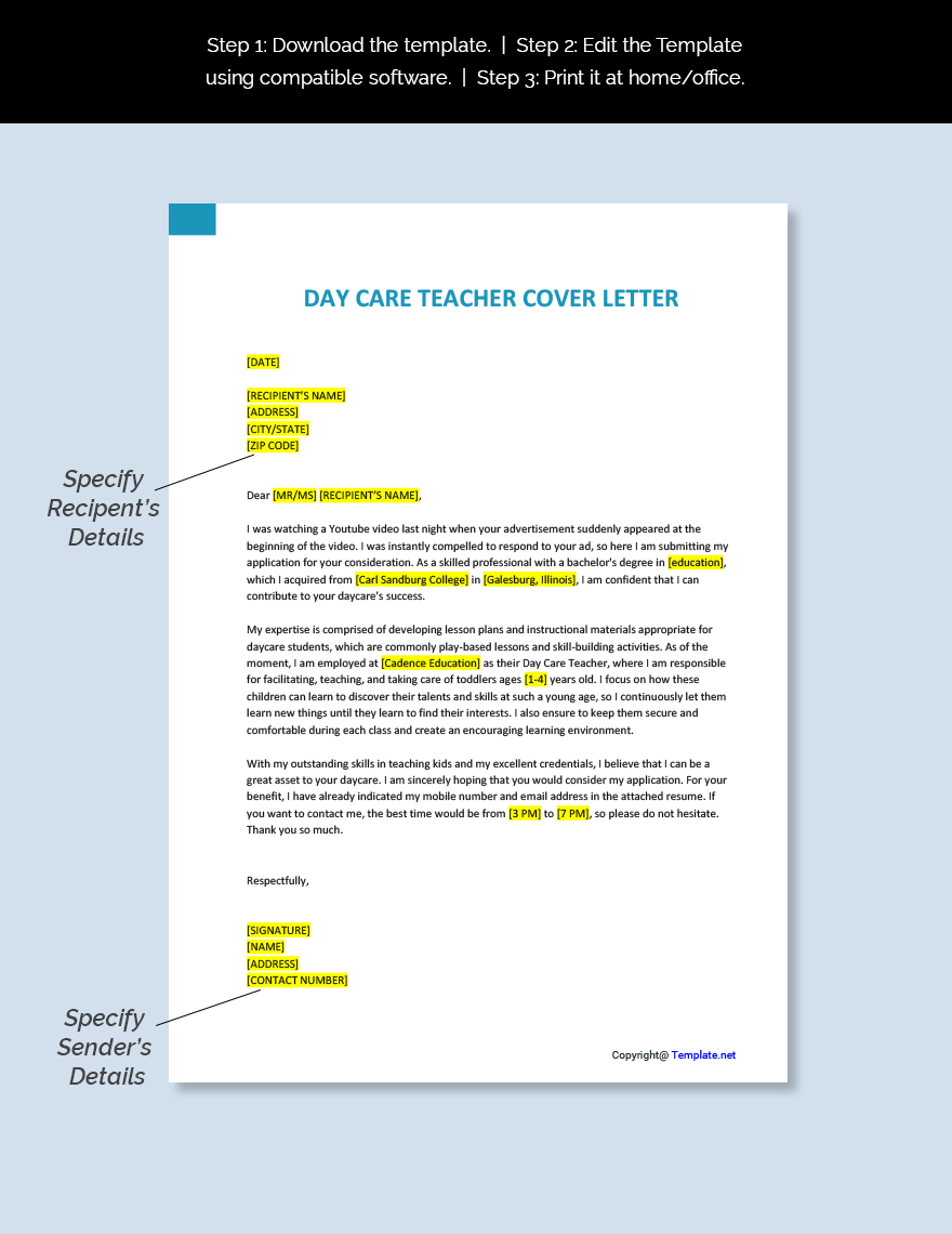 Day Care Teacher Cover Letter