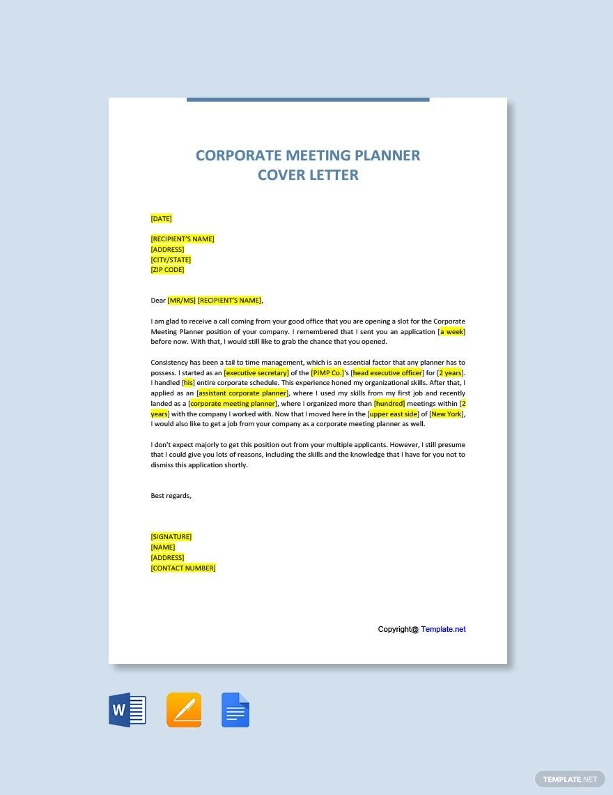 Corporate Meeting Planner Cover Letter in Word, Google Docs, PDF, Apple Pages