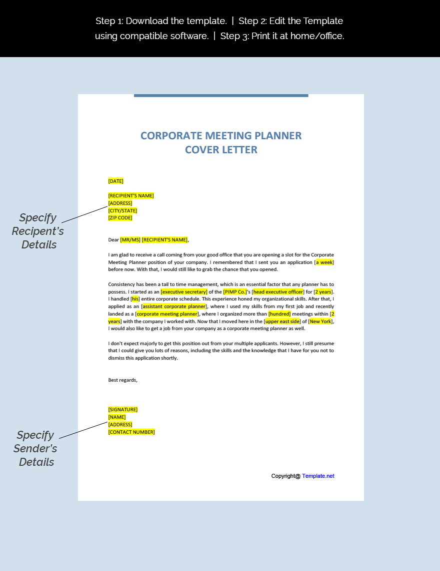 Corporate Meeting Planner Cover Letter