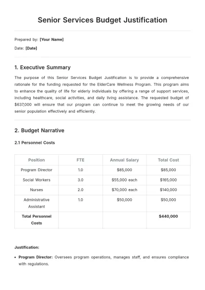 Free Senior Services Budget Justification Template to Edit Online