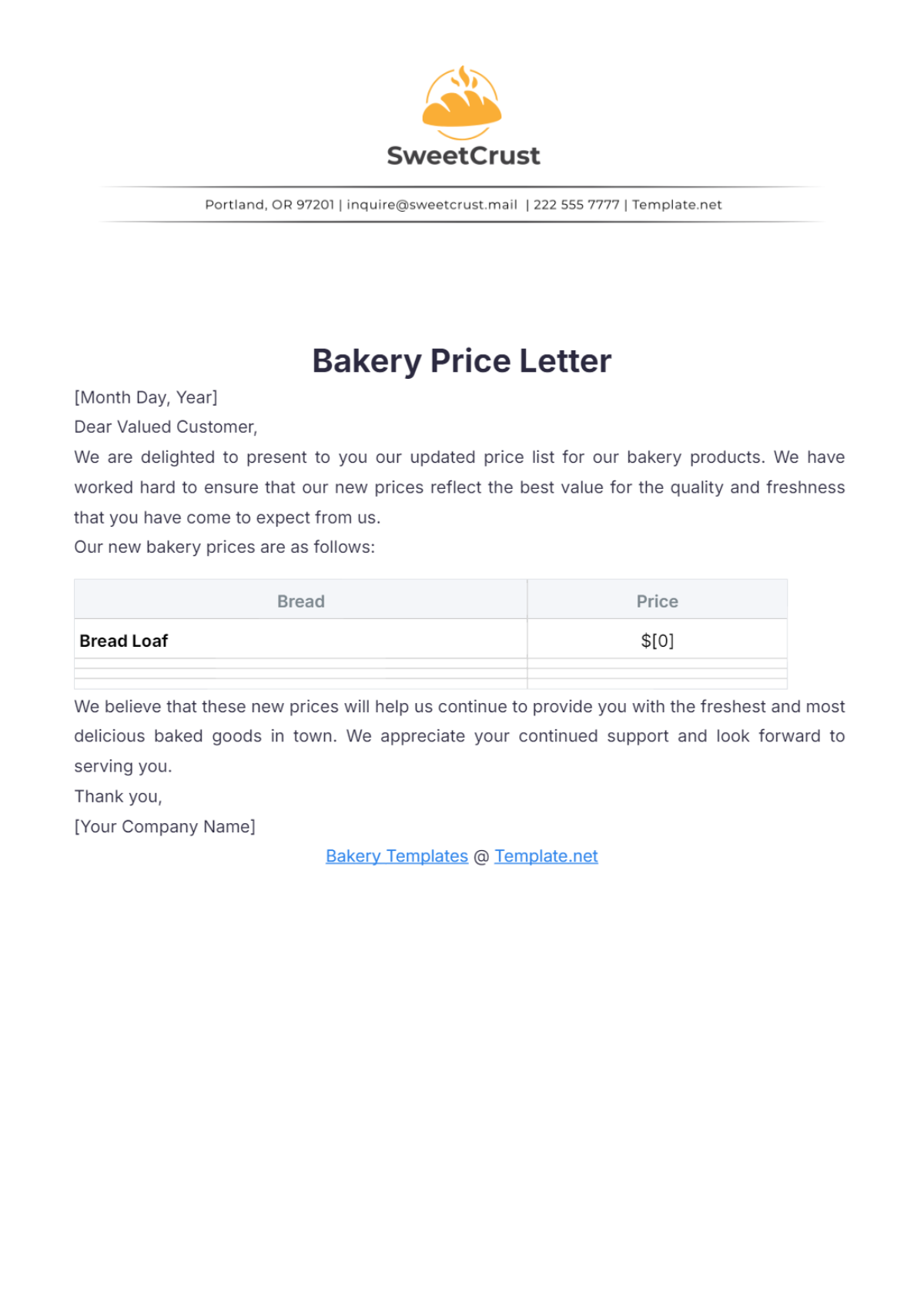 Bakery Price Letter Template - Edit Online & Download