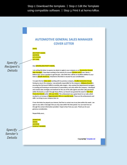 Automotive General Sales Manager Cover Letter Template