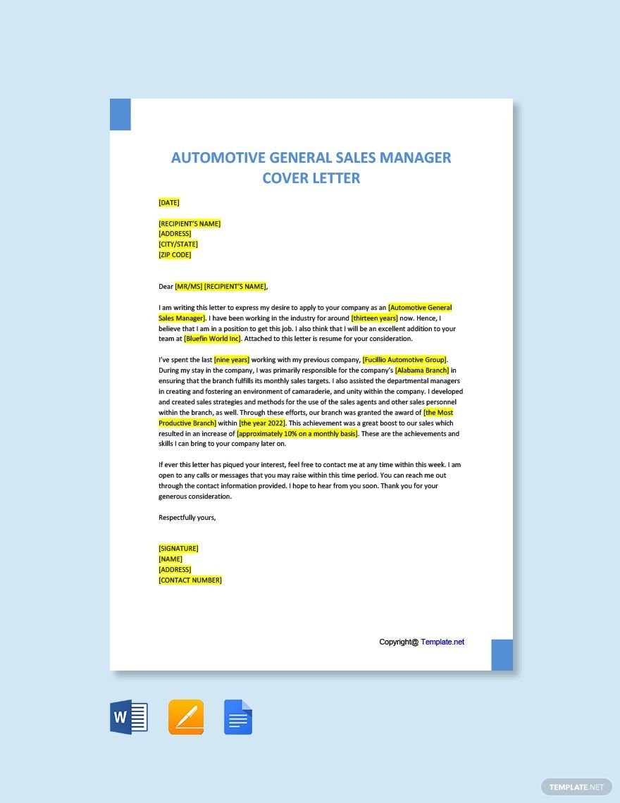 Automotive General Sales Manager Cover Letter Template