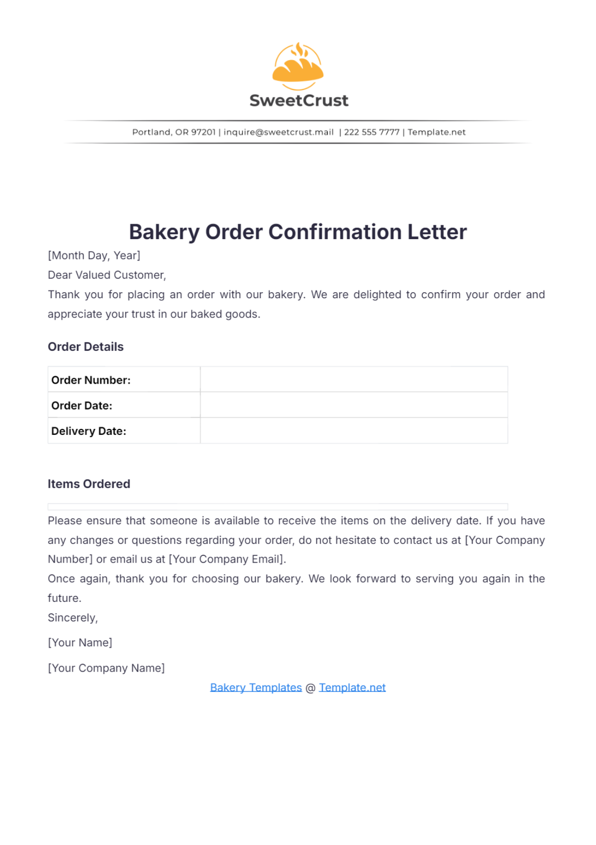 Bakery Order Confirmation Letter Template - Edit Online & Download