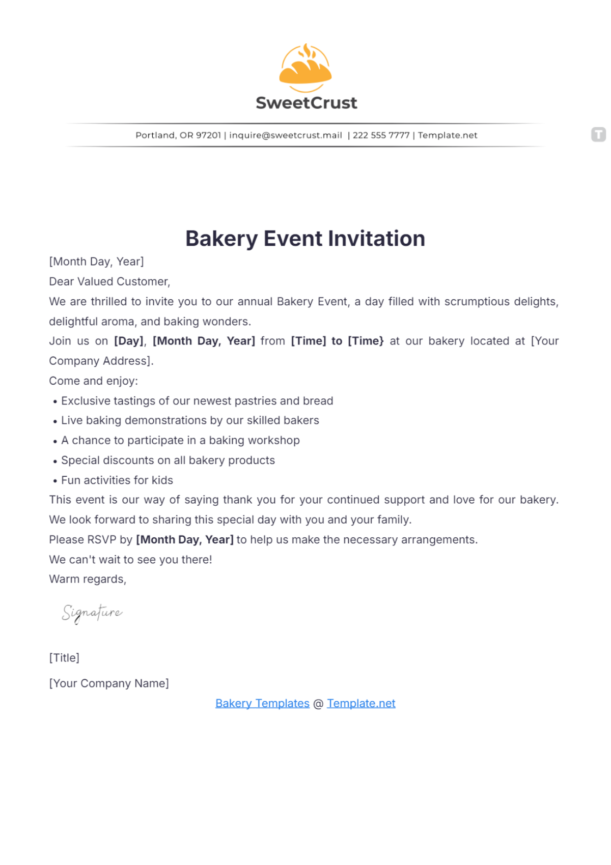 Bakery Event Invitation Letter Template - Edit Online & Download