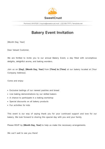 Free Bakery Event Invitation Letter Template to Edit Online