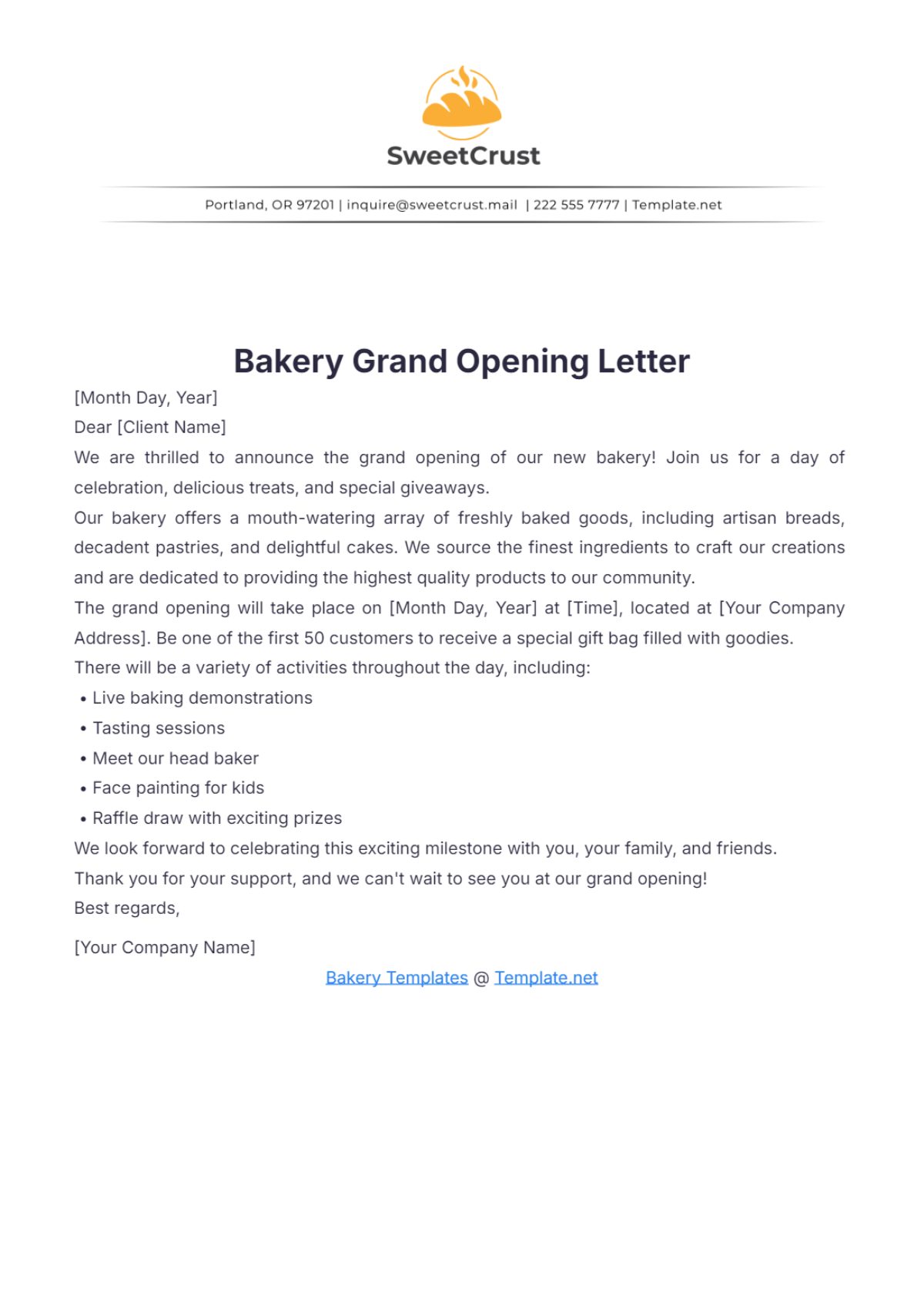 Bakery Grand Opening Letter Template - Edit Online & Download