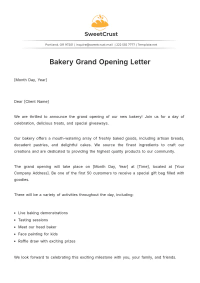 Free Bakery Grand Opening Letter Template to Edit Online