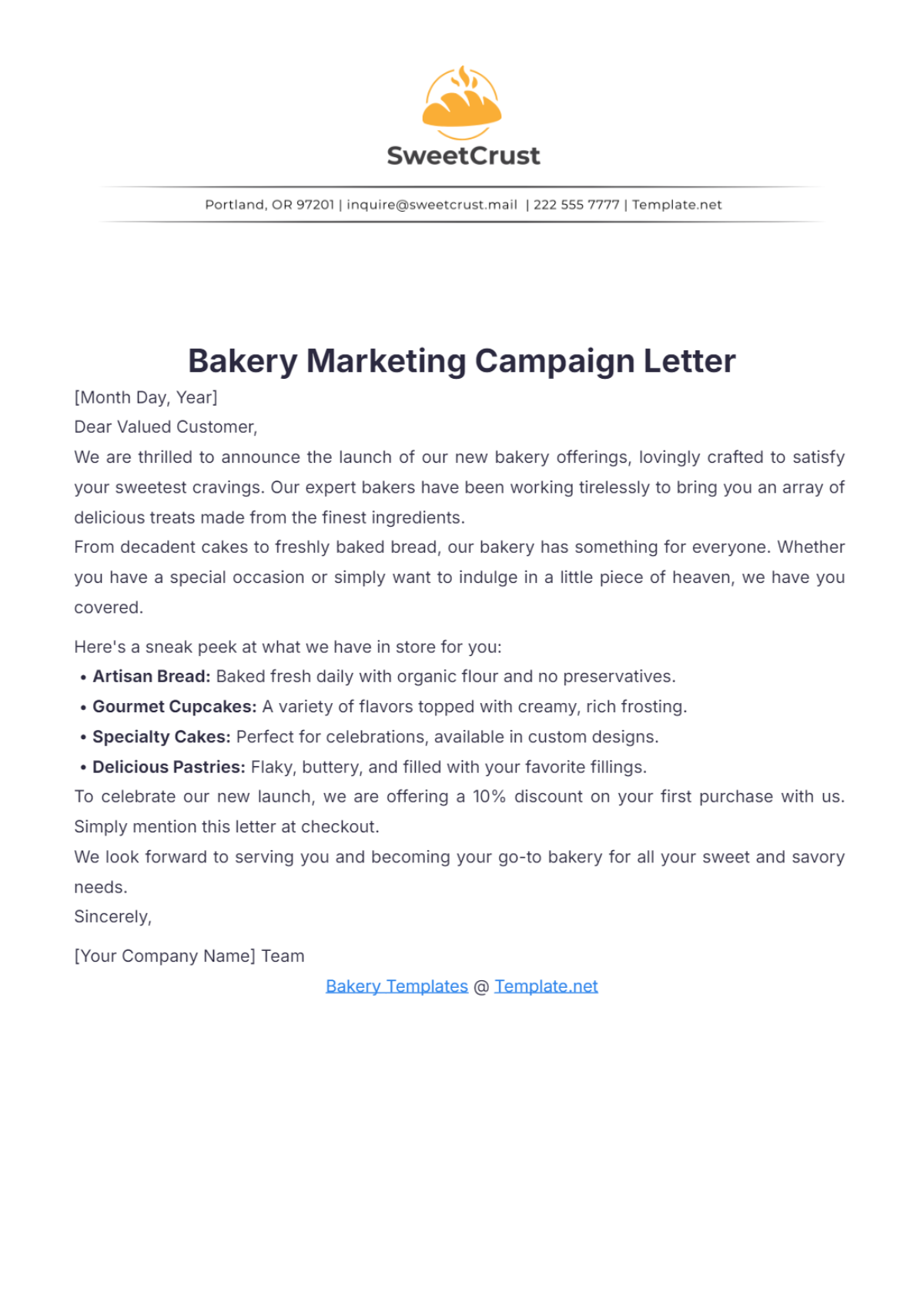 Bakery Marketing Campaign Letter Template - Edit Online & Download