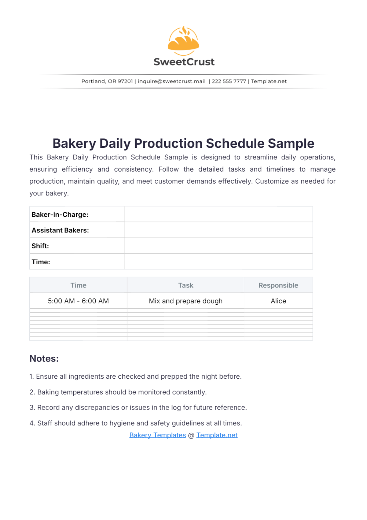 Bakery Daily Production Schedule Sample Template - Edit Online & Download