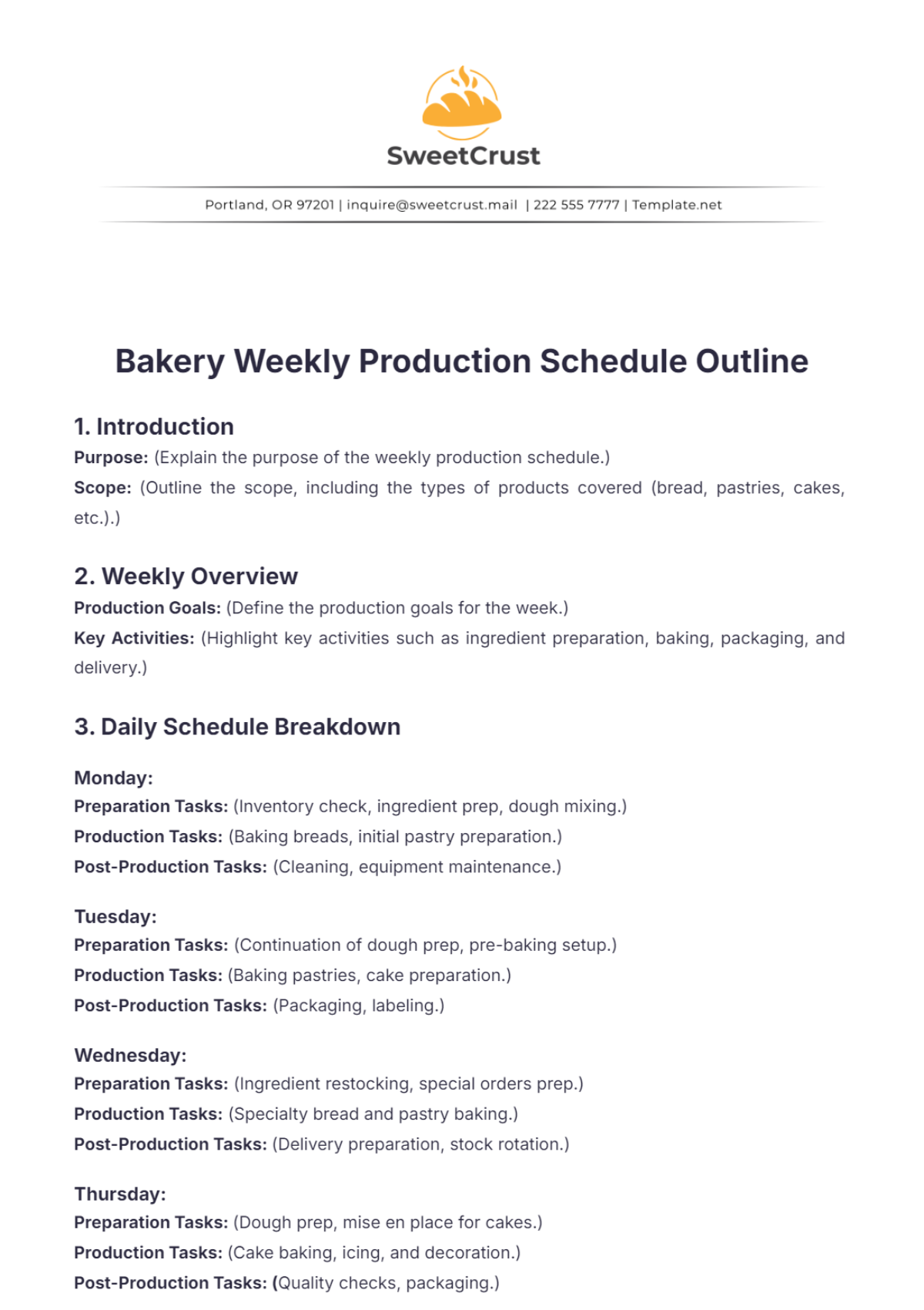 Bakery Weekly Production Schedule Outline Template - Edit Online & Download