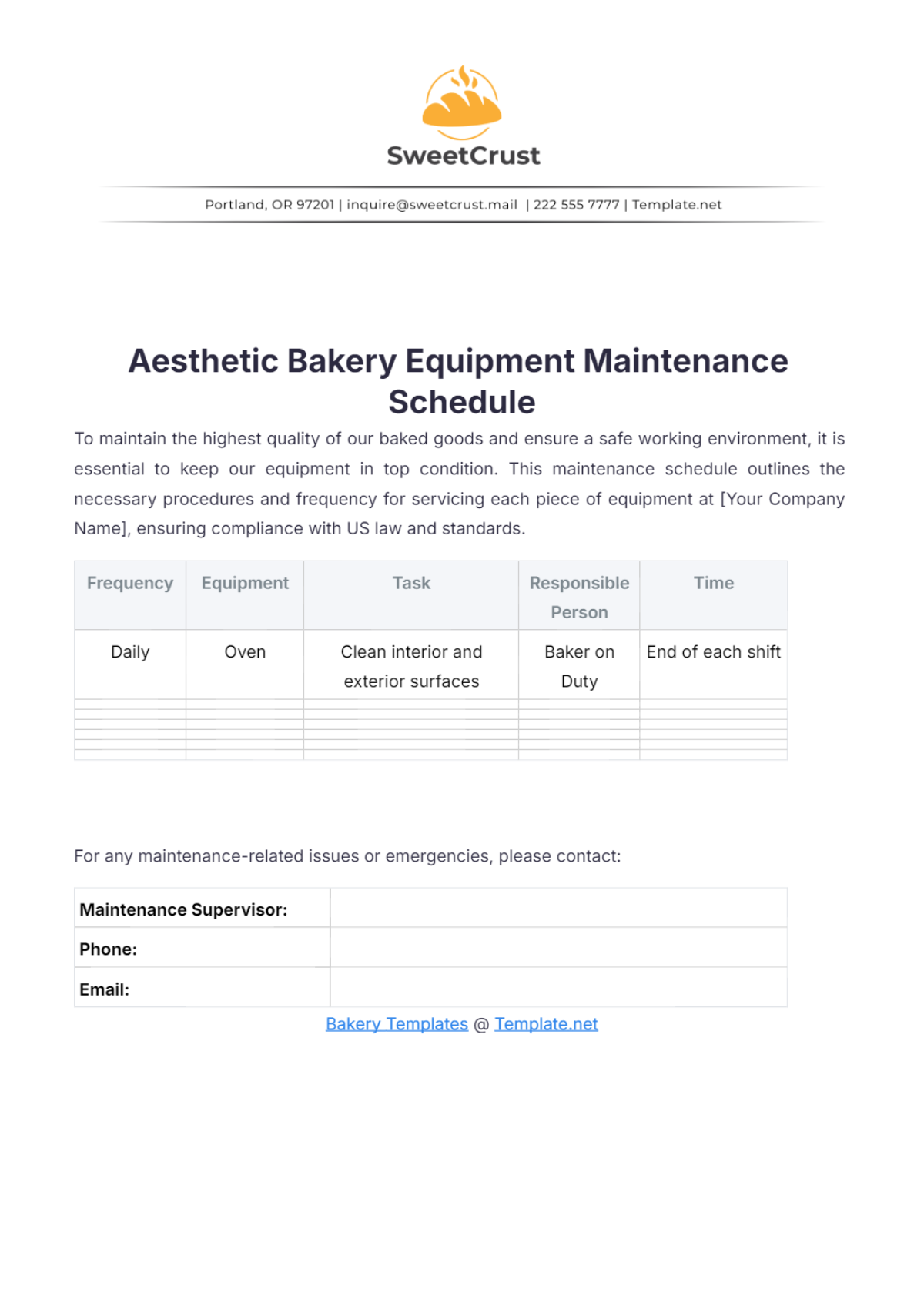 Aesthetic Bakery Equipment Maintenance Schedule Template - Edit Online & Download