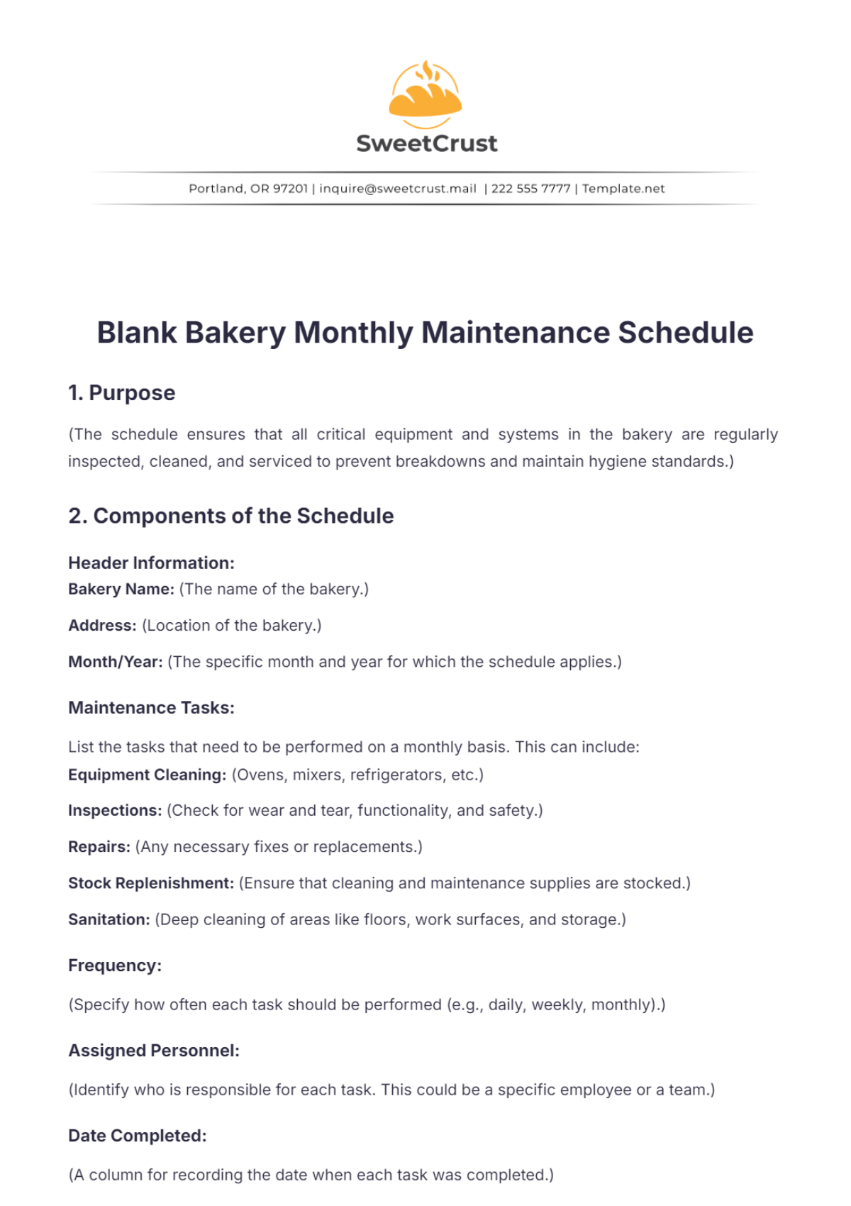 Blank Bakery Monthly Maintenance Schedule Template - Edit Online & Download