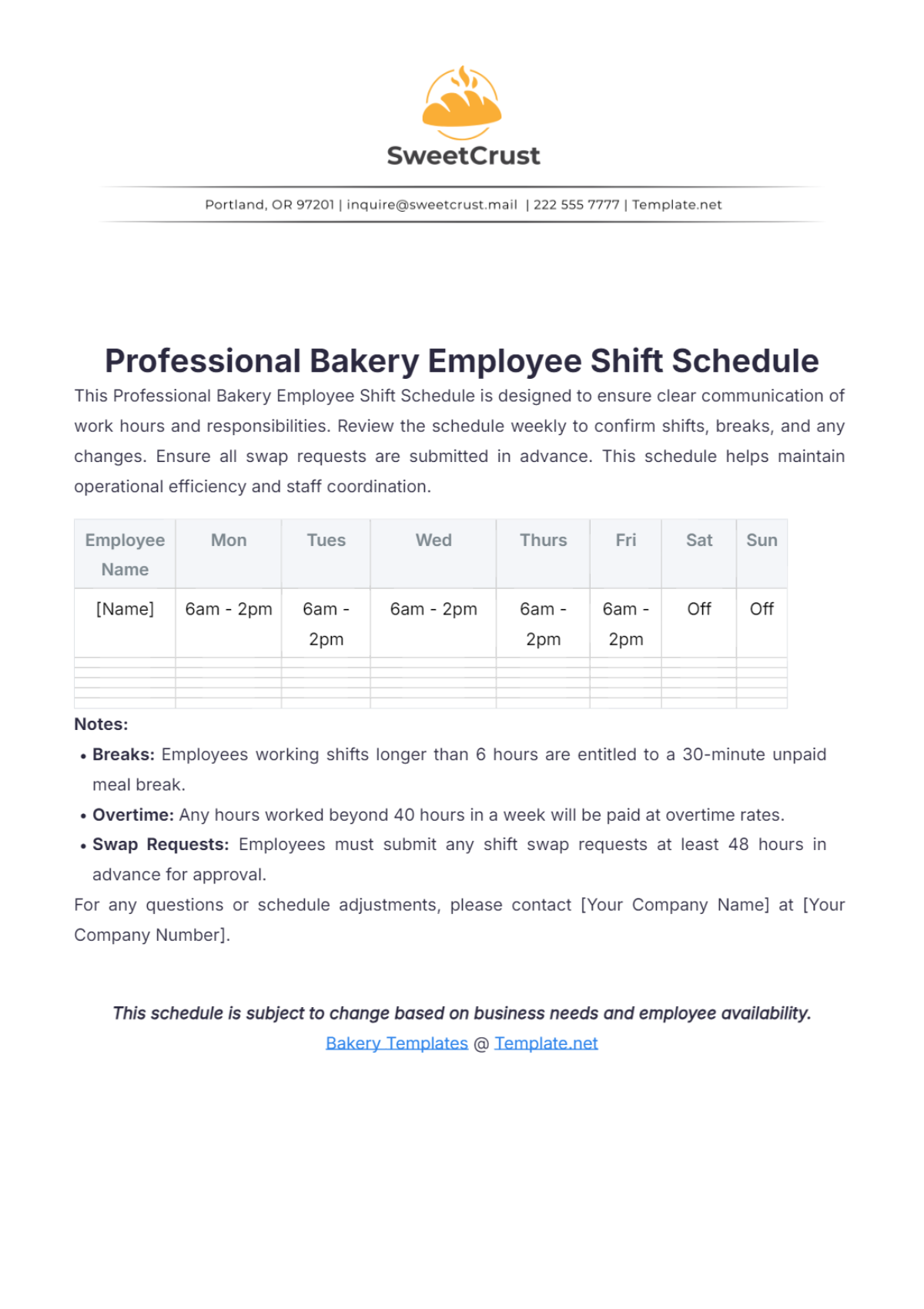 Professional Bakery Employee Shift Schedule Template - Edit Online & Download