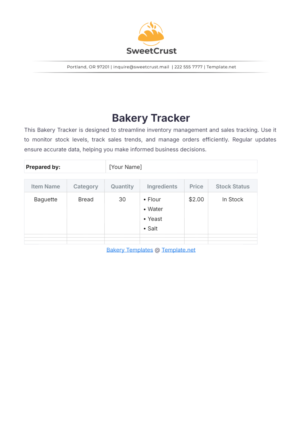 Bakery Tracker Template - Edit Online & Download