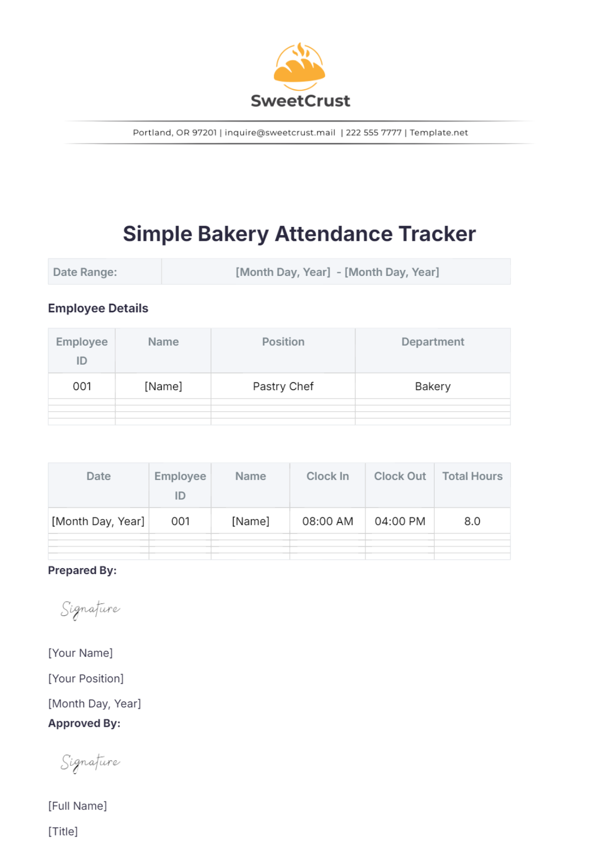 Simple Bakery Attendance Tracker Template - Edit Online & Download