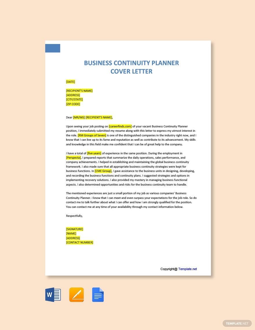 Business Continuity Planner Cover Letter