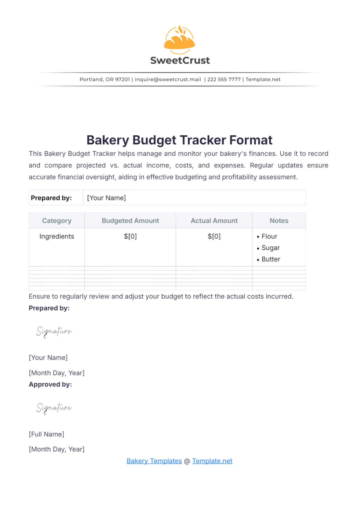 Bakery Budget Tracker Format Template - Edit Online & Download